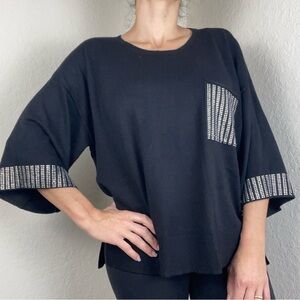CeCe Black Rhinestone Knit Sweater Oversized Relaxed Fit Crew Neck Size M